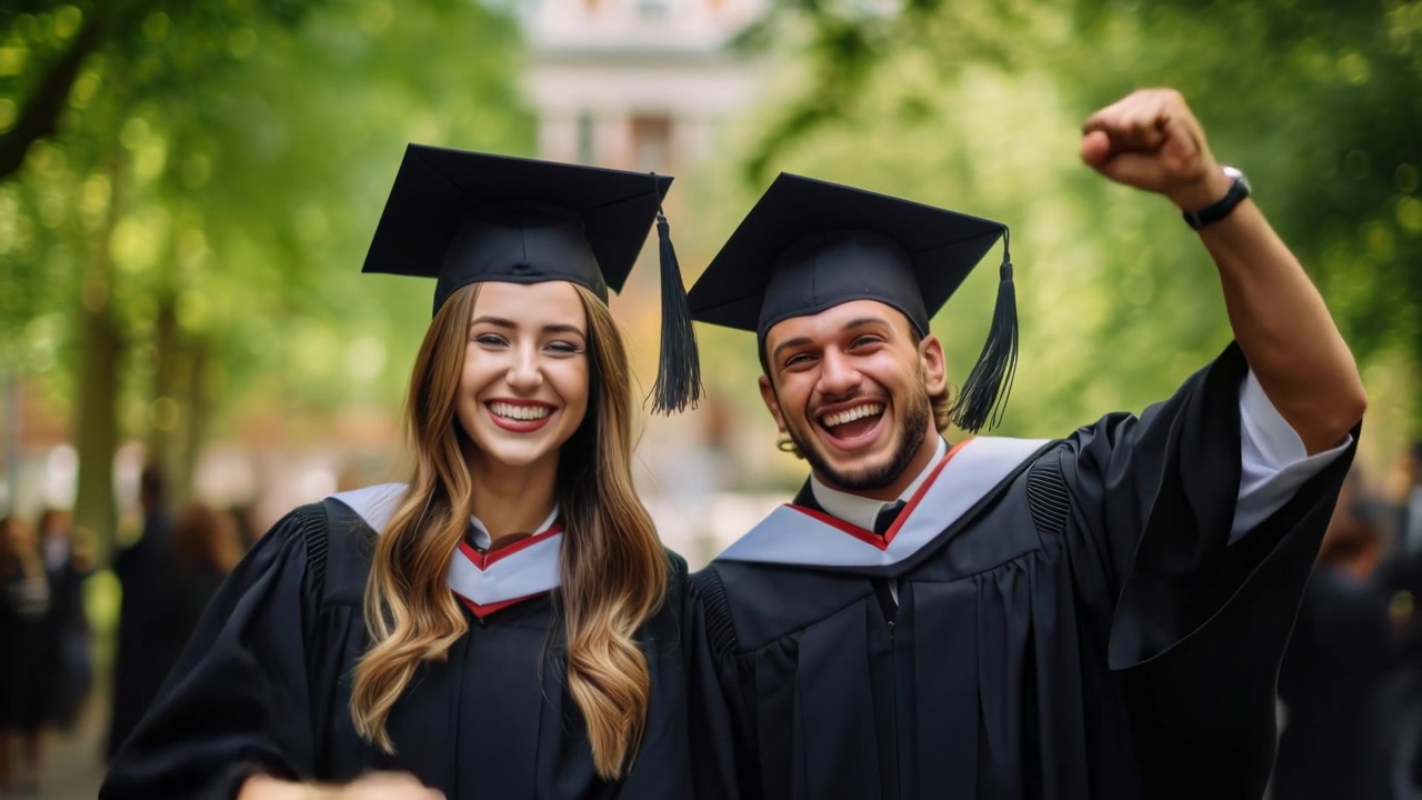 Giovani laureati felici che festeggiano il successo nel campus universitario