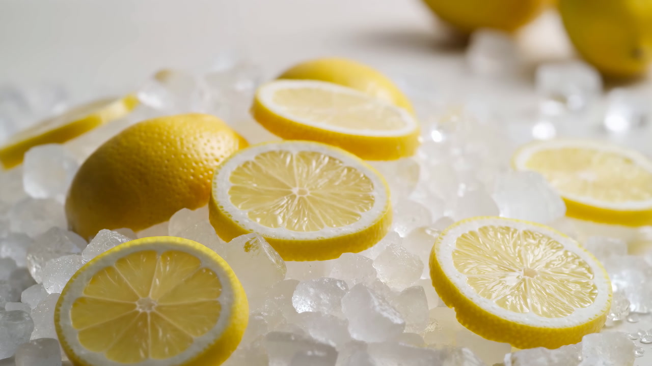 Lemons On Ice, Sliced Citrus Freshness, Closeup Studio Shot Of Bright Yellow Lemon Halves And Thin Round