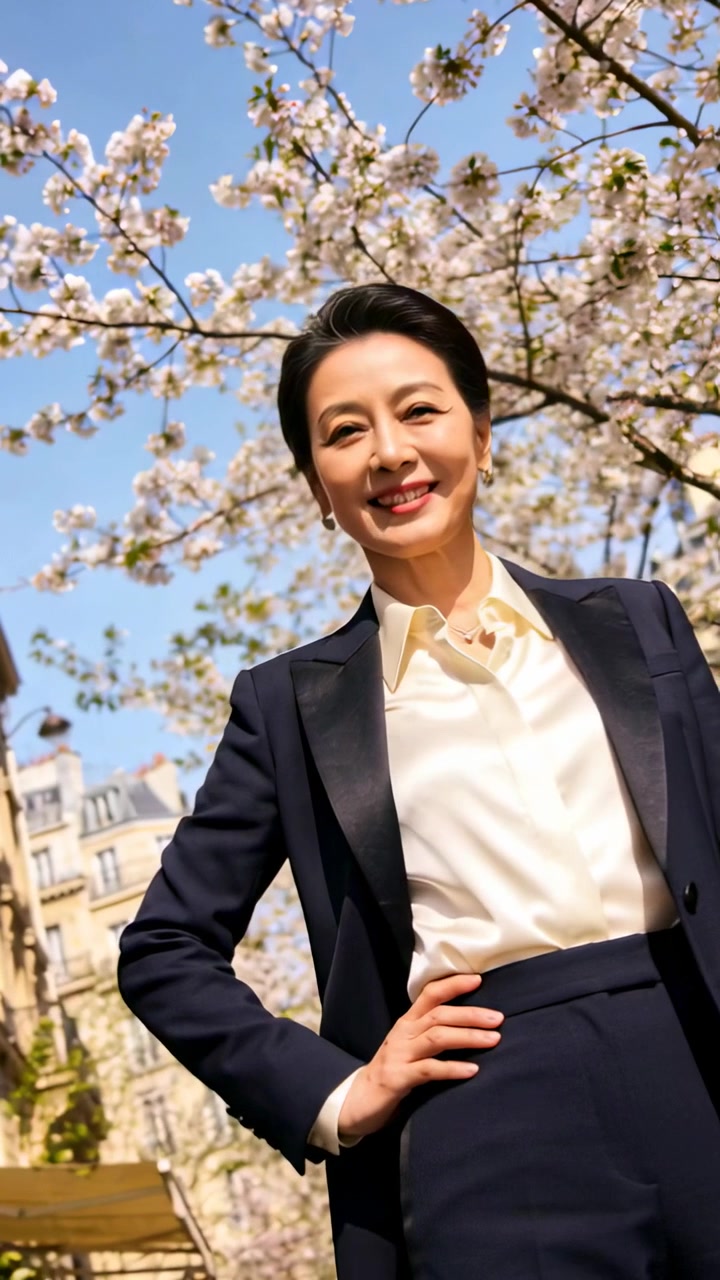 縦型動画：合図に合わせて、花咲く通りで笑顔で振り向きポートレート撮影に応じるネイビーのスーツを着た女性。
