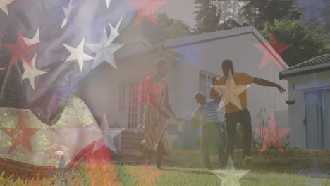 animation of flag of usa over caucasian african american family