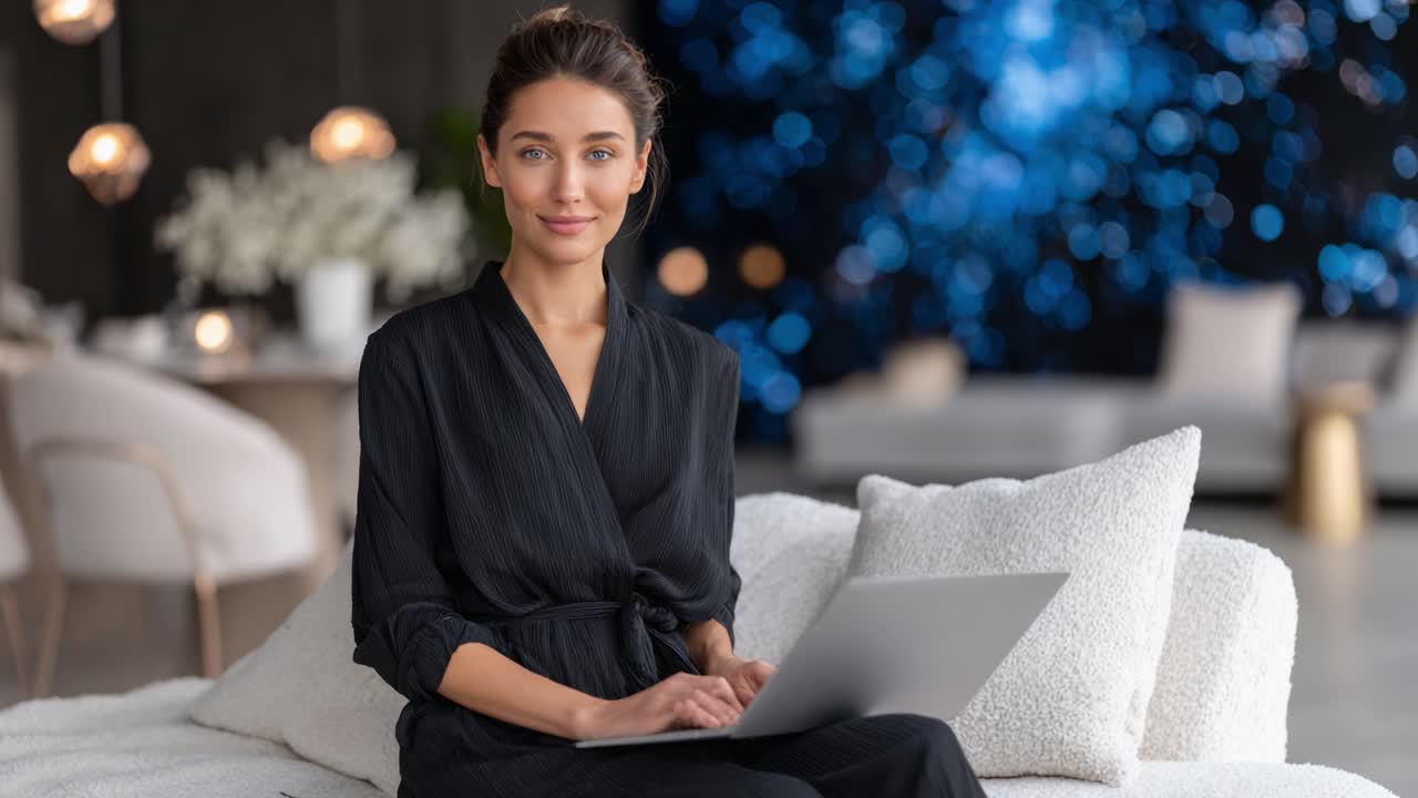 A serene moment of a young woman seated comfortably on a soft sofa, engaged in her work on a laptop while surrounded by a calming and beautifully lit background