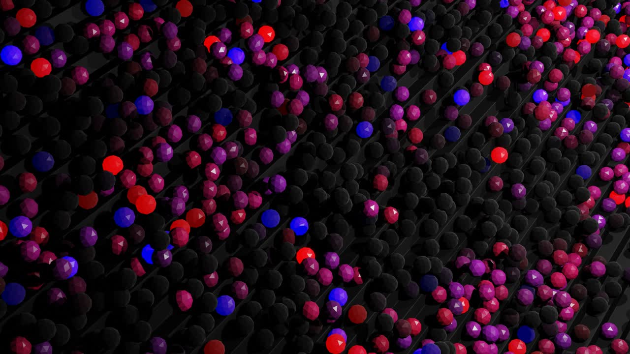 4k abstract looped background with spheres like bulbs or abstract garland. Balls or spheres lie on steps. Waves of red blue color and light roll over balls on the steps forming a beautiful pattern.