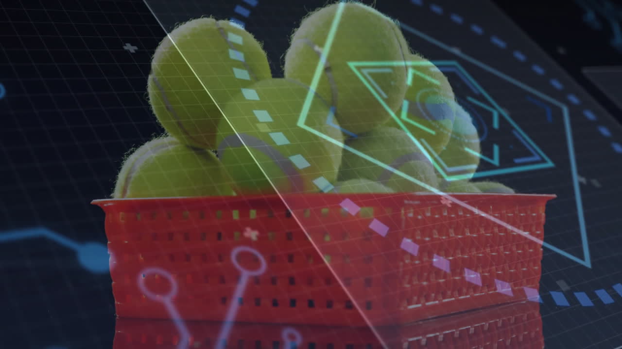 Red plastic mesh basket showcasing bright yellow tennis balls floating within 3D HUD overlay