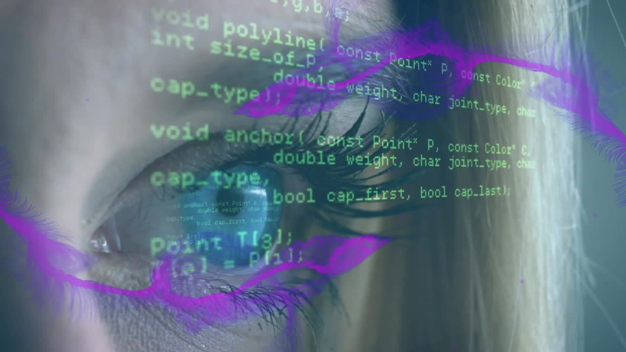 Woman opening eye while magenta particle sweeping, causing green code scrolling over iris for tech