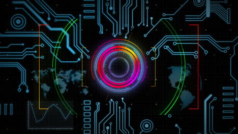 animation of circular scanner and processing data on interface over motherboard on black background