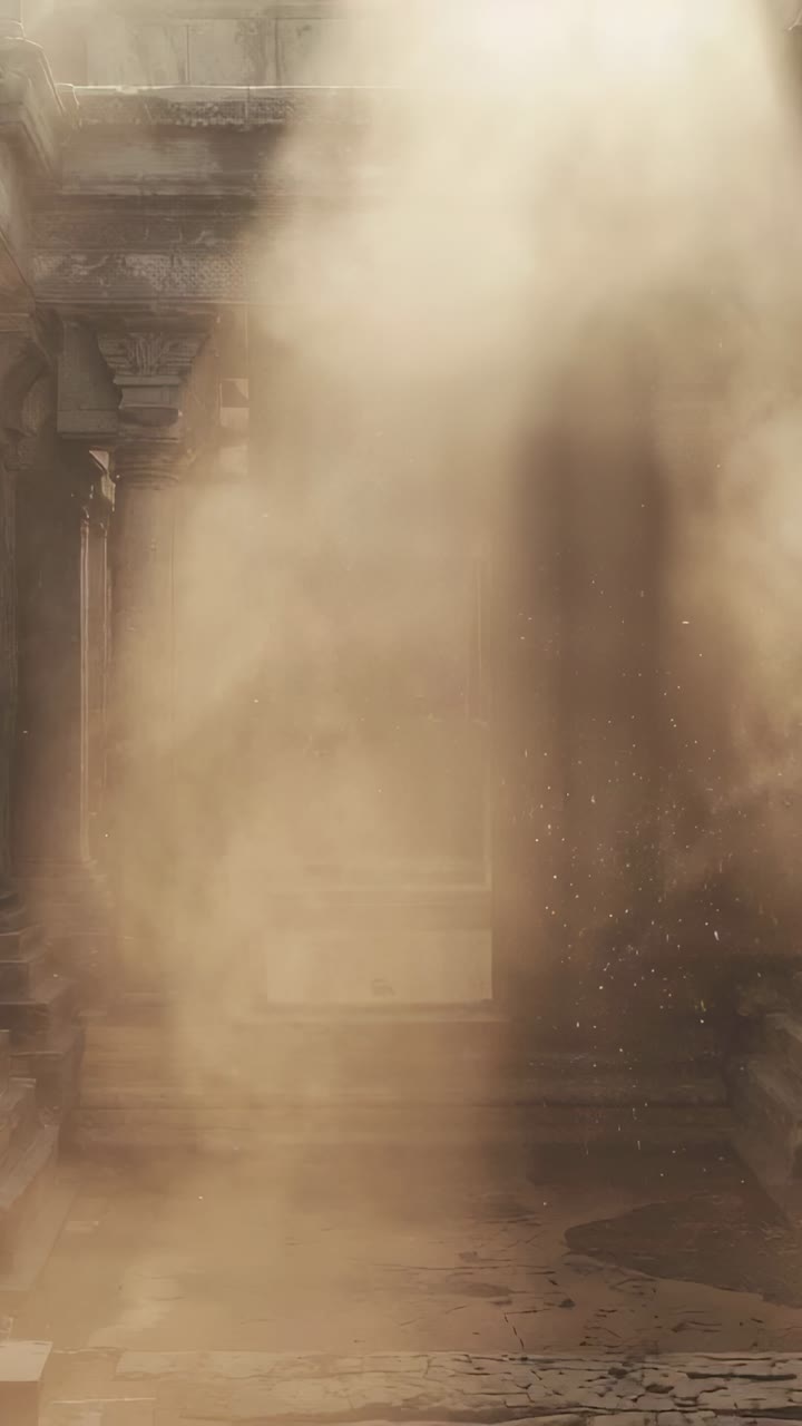 Vertical video: Rising dust plume entering above thickening and hiding columns doorway and steps