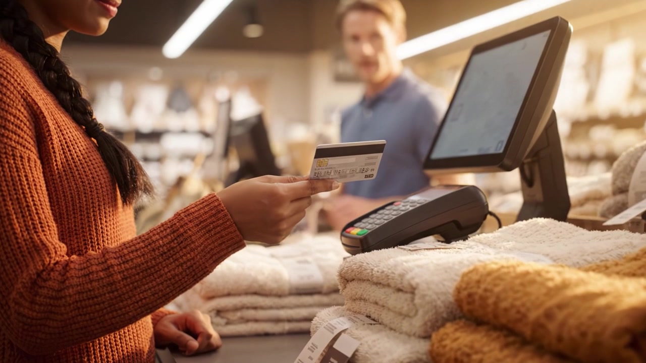 A woman making a payment at a checkout counter, holding a payment method while the cashier prepares to assist in a retail store's cozy environment.
