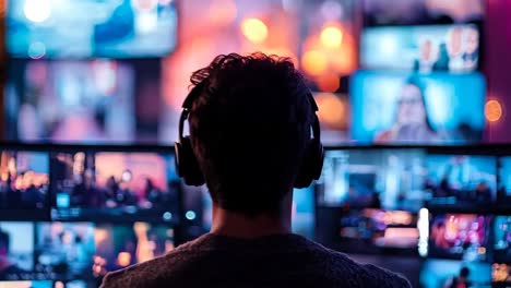 a man sitting in front of multiple monitors with multiple screens on them