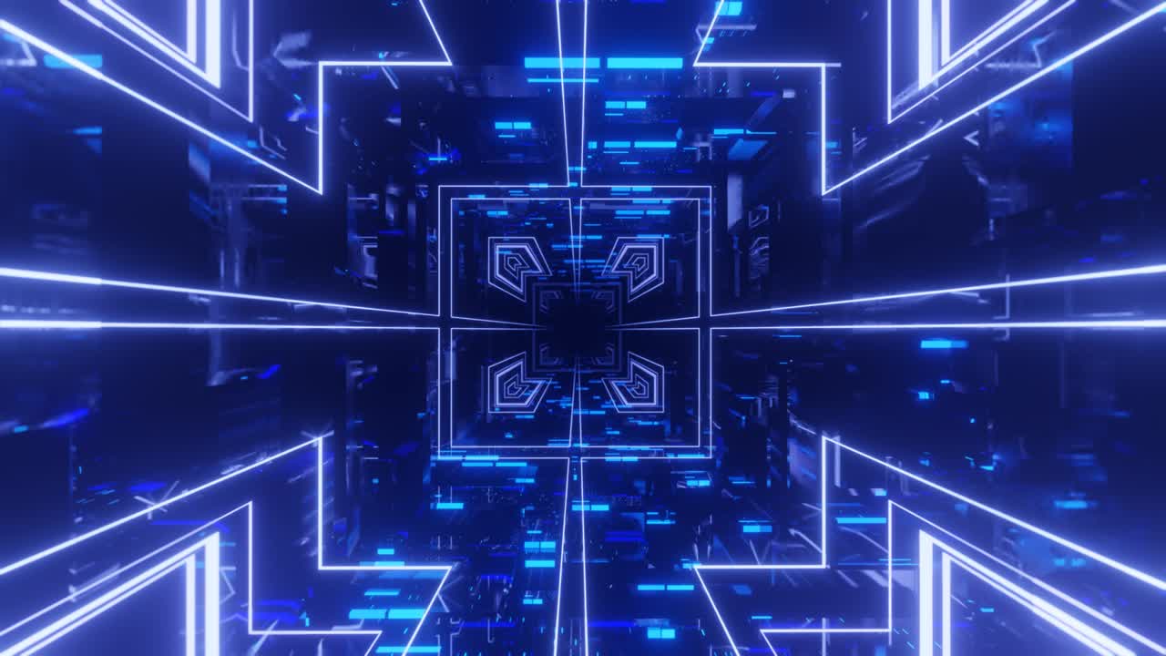 Hi-tech neon sci-fi tunel. Trendy neon glow lines form pattern and construction in mirror tunnel. Blue hologram. Fly through technology cyberspace. 3d looped seamless 4k bright youth background.