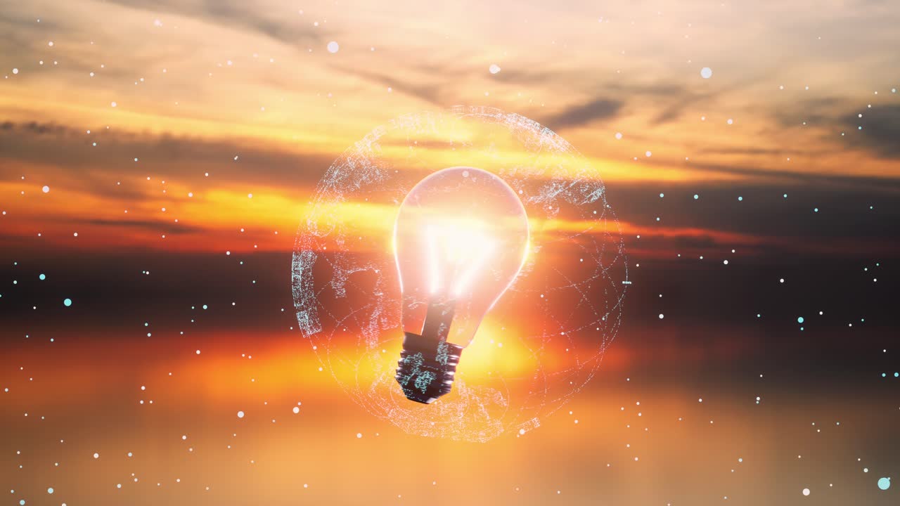 la bombilla eléctrica las conexiones brillantes en el fondo del atardecer. el concepto de la tecnología la innovación la inteligencia artificial la lluvia de ideas el éxito empresarial.