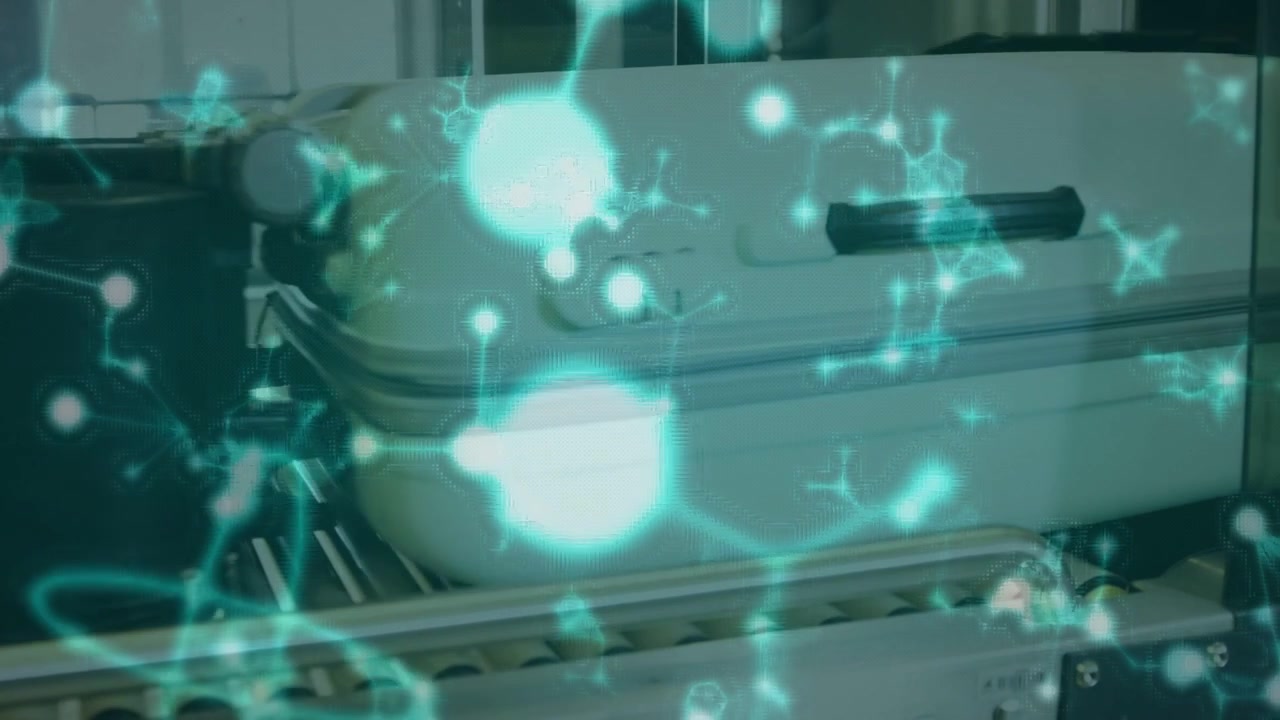 Teal overlay staying, dark bag entering right, moving left as white case replacing bag for scanning