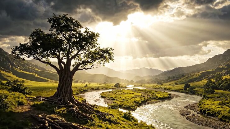 Vista deslumbrante de uma árvore majestosa à beira de um rio sinuoso sob um céu dramático, iluminado por raios de sol radiantes em uma paisagem exuberante.