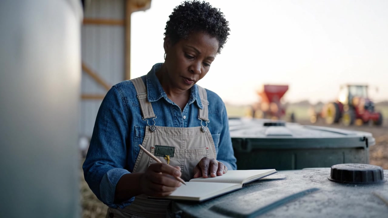 A focused woman writing in her notebook while standing on a farm, capturing important notes amidst agricultural machinery in the background during daylight.
