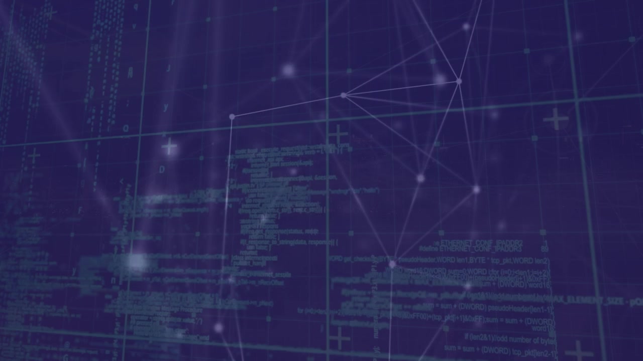 Animation of network of connections and data processing over black background