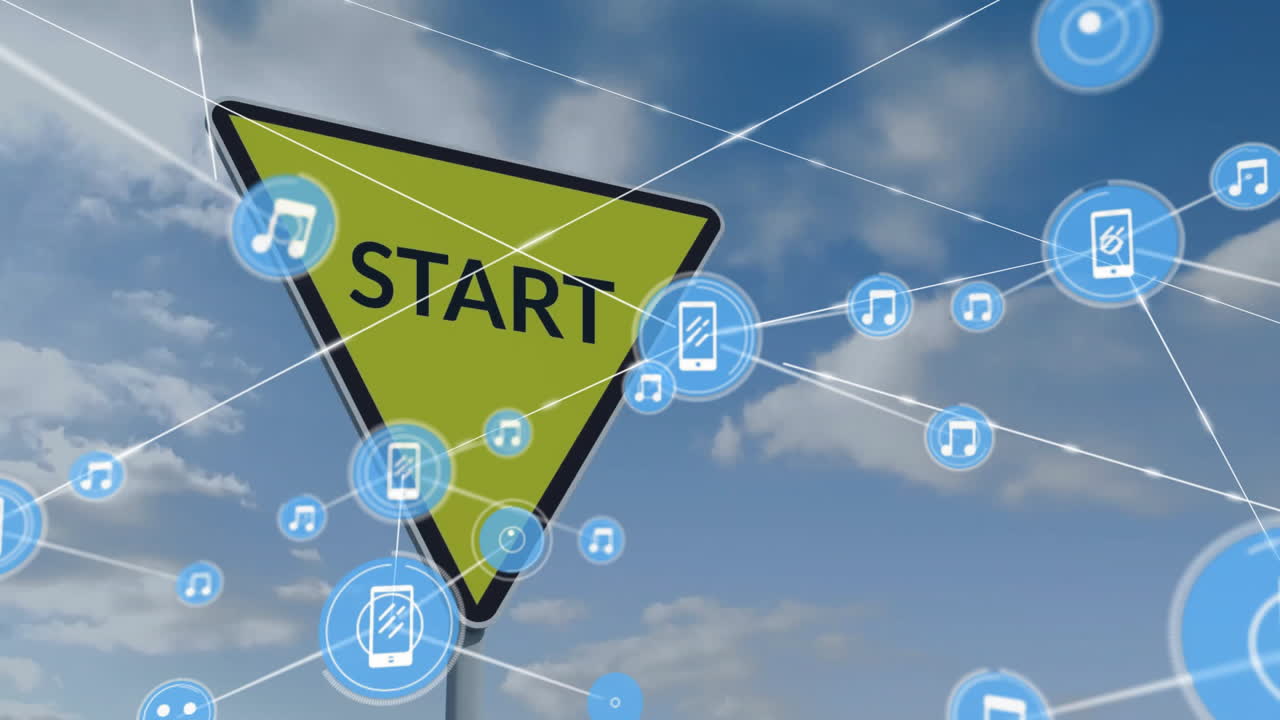 animación de la red de conexiones con iconos sobre el texto de inicio en la señal de tráfico y las nubes