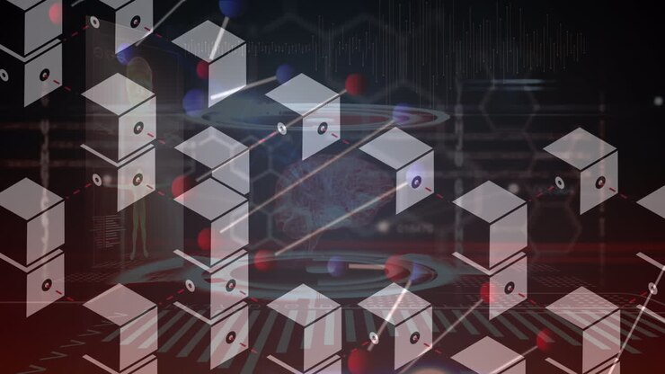 Animation of data processing with cubes over dna strand and digital brain on black background