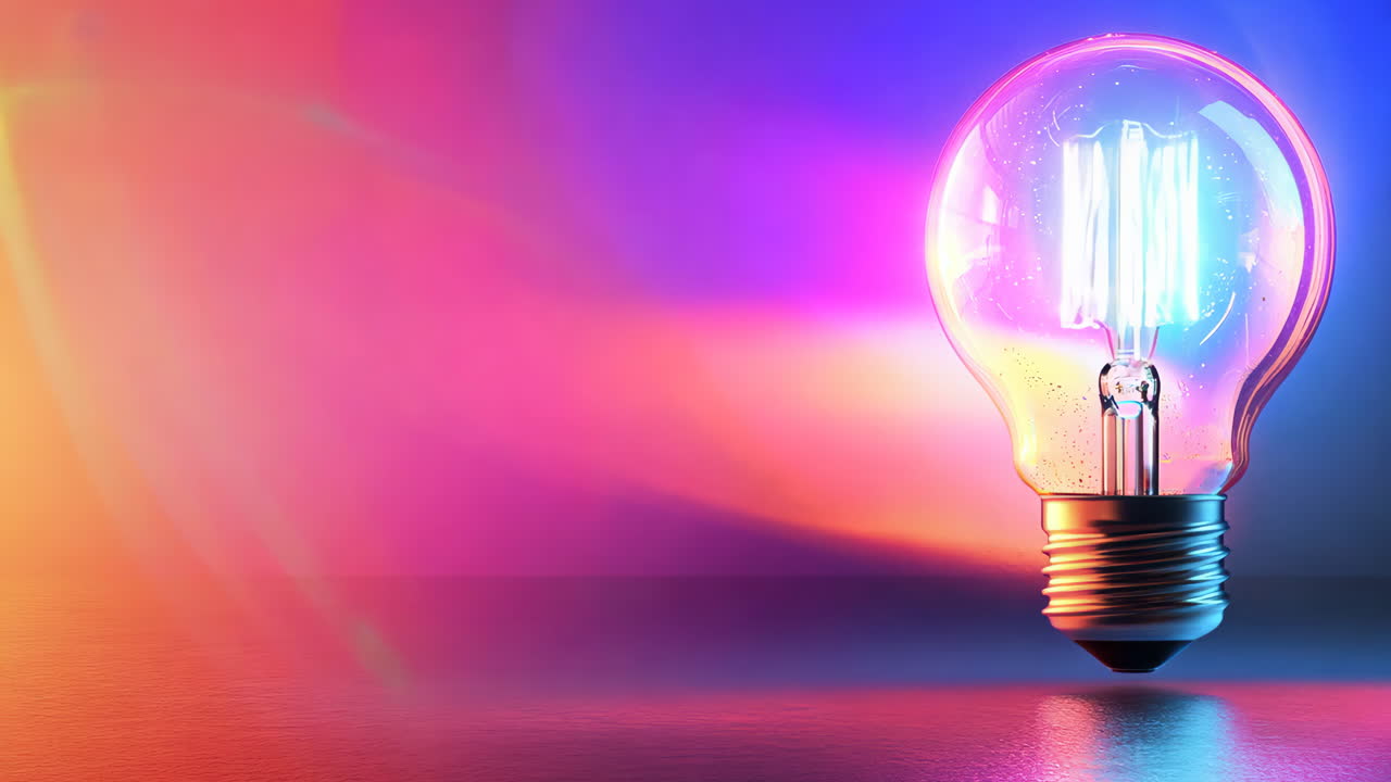 A light bulb is lit up on a table. The light bulb is glowing brightly and is surrounded by a colorful background