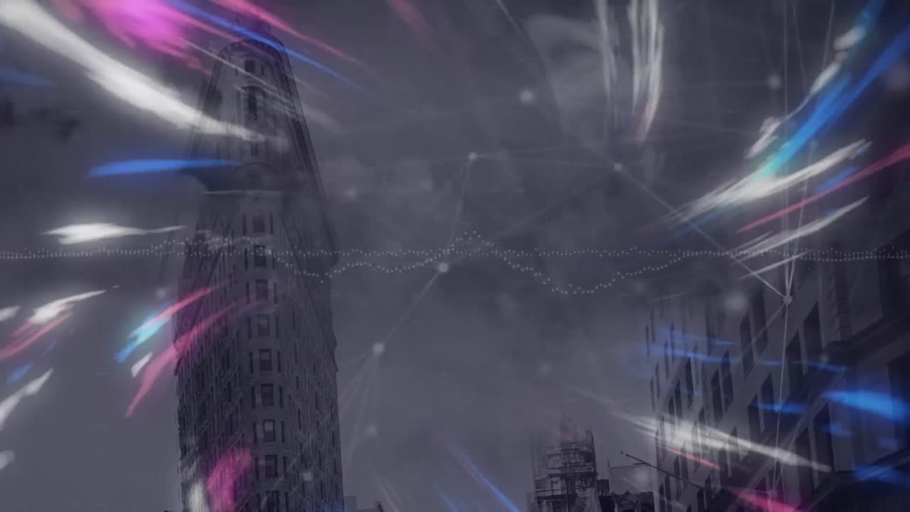 Animation of digital waves, data processing and network of connections against tall buildings
