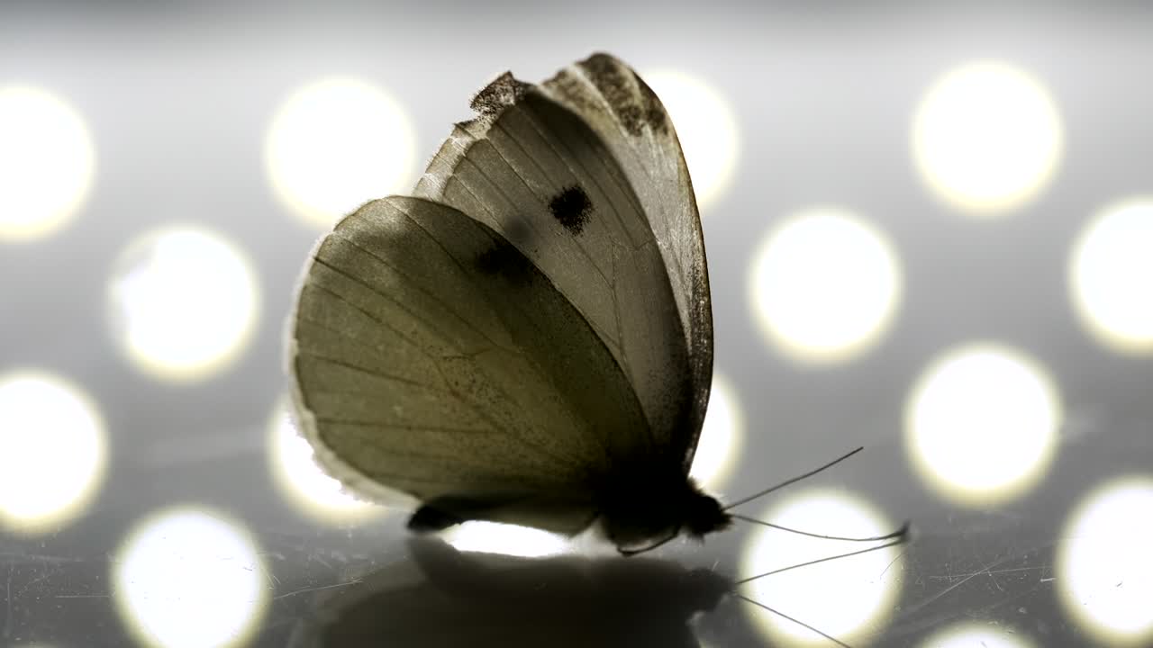 fotografía giratoria de una mariposa de pie en una superficie reflectante con un patrón de puntos en el fondo.