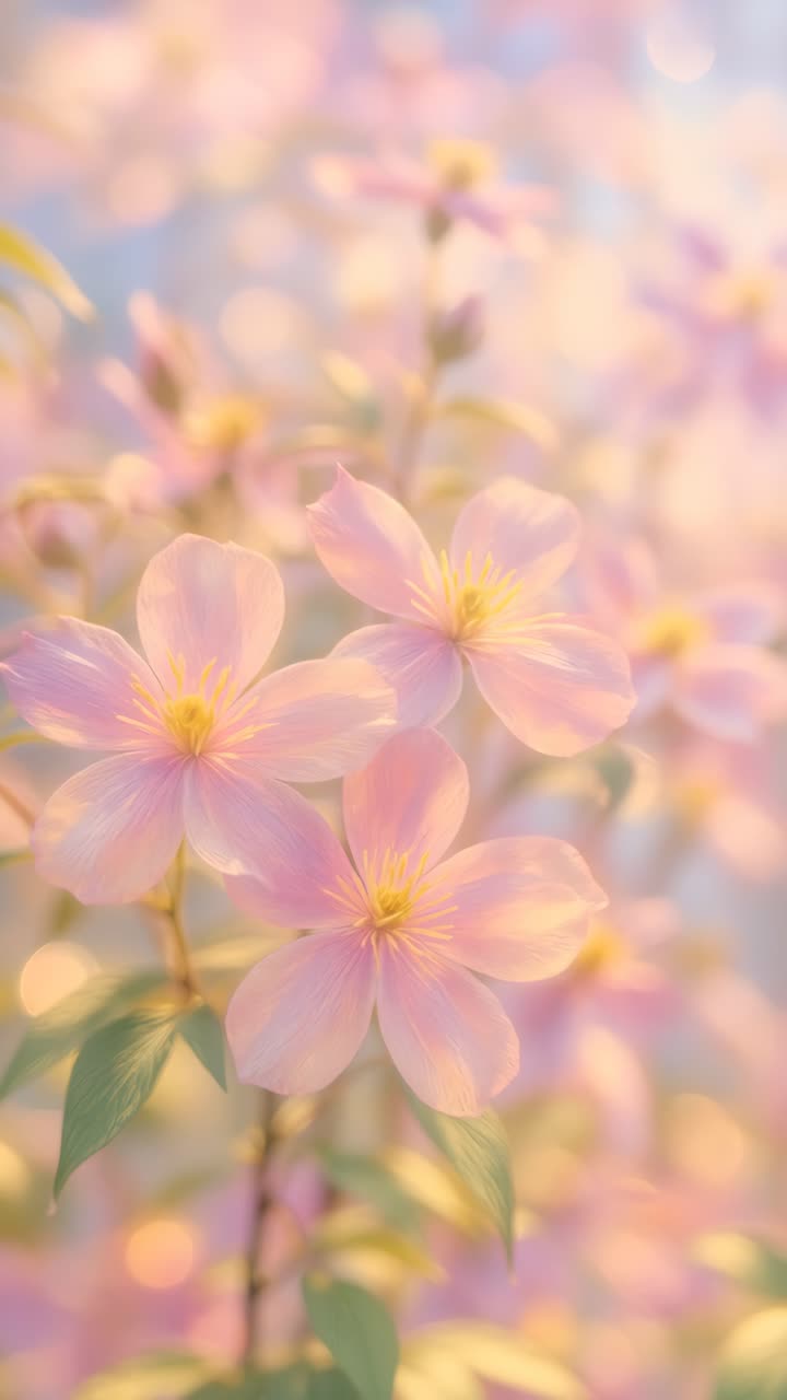 Soft-focus video frame of pastel pink flowers in bloom, captured from a low angle