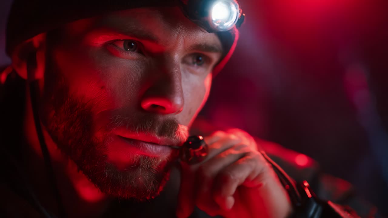 A Candid Look at a Thoughtful Man in a Dark Environment Illuminated by a Headlamp, Deep in Contemplation Underneath a Mysterious Red Glow Highlighting His Intense Expression