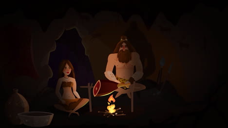 prehistoric couple cooking meat in a cave