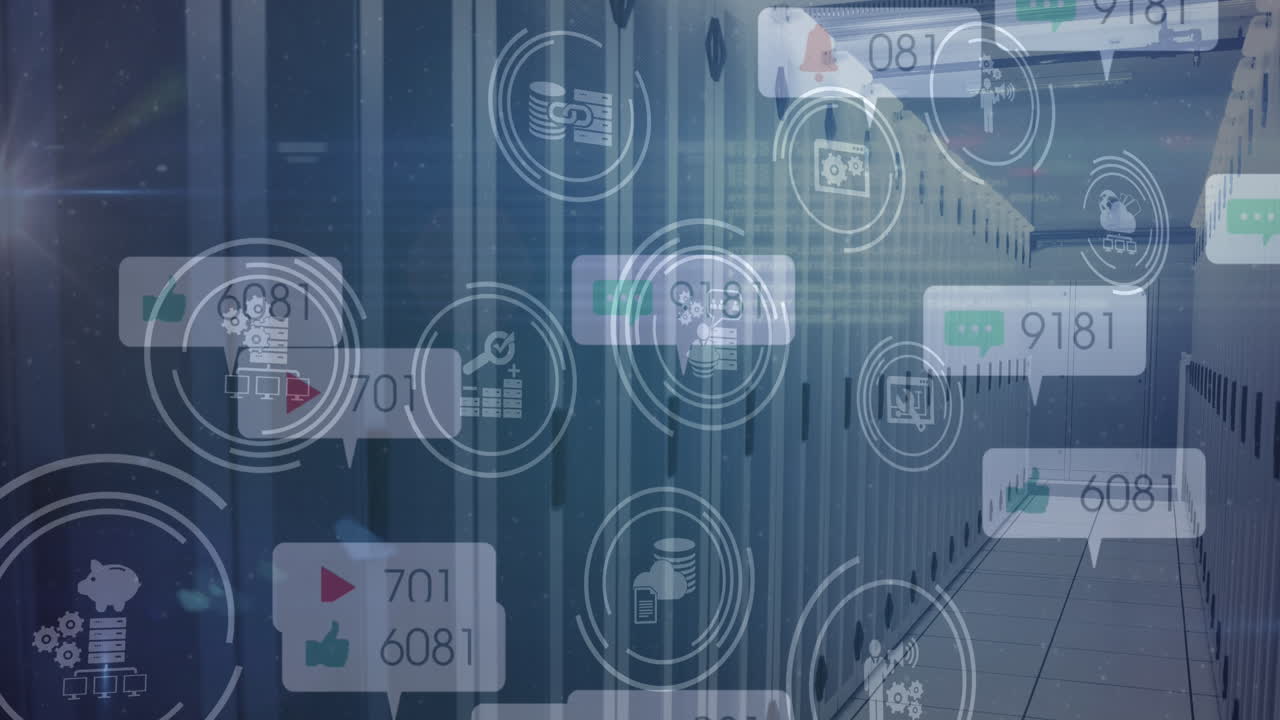 Animation of data processing and media icons over server room