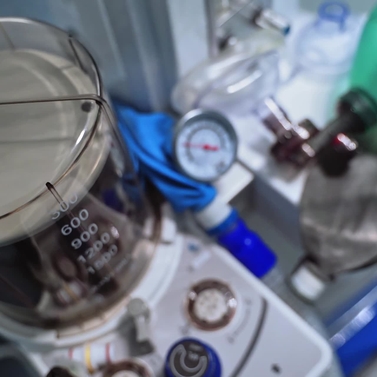 Lung ventilation machine. Anaesthesia machine ventilator in the hospital. Slow motion of medical apparatus for breathing. Close-up.