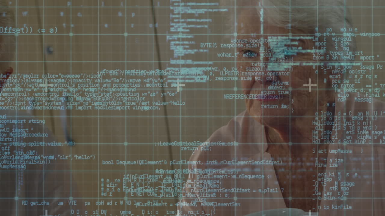 animación del procesamiento de datos sobre una pareja caucásica mayor hablando.