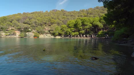 love's bay beach in poros island greece with pines groove growing on mountain