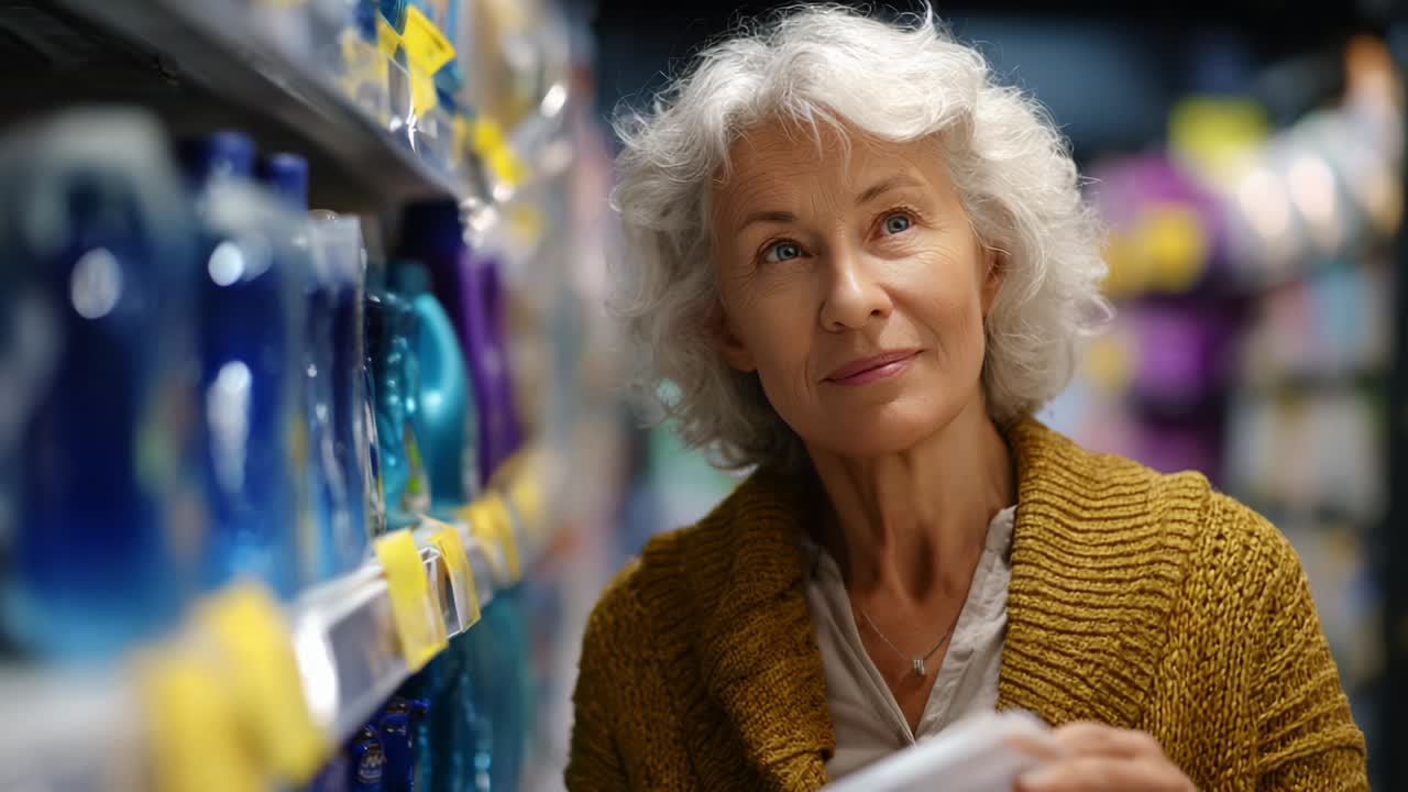A Thoughtful Senior Woman Examining Products in a Supermarket Aisle While Shopping for Household Essentials, Showcasing Her Curly Gray Hair and Engaging Expression as She Contemplates Her Choices