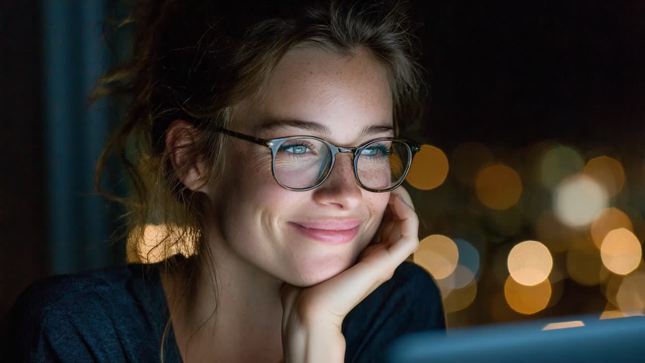 An Evening of Joyful Reflection: A Young Woman Enjoys a Calm Night, Engrossed in Her Screen Amidst a Glowing Cityscape Background