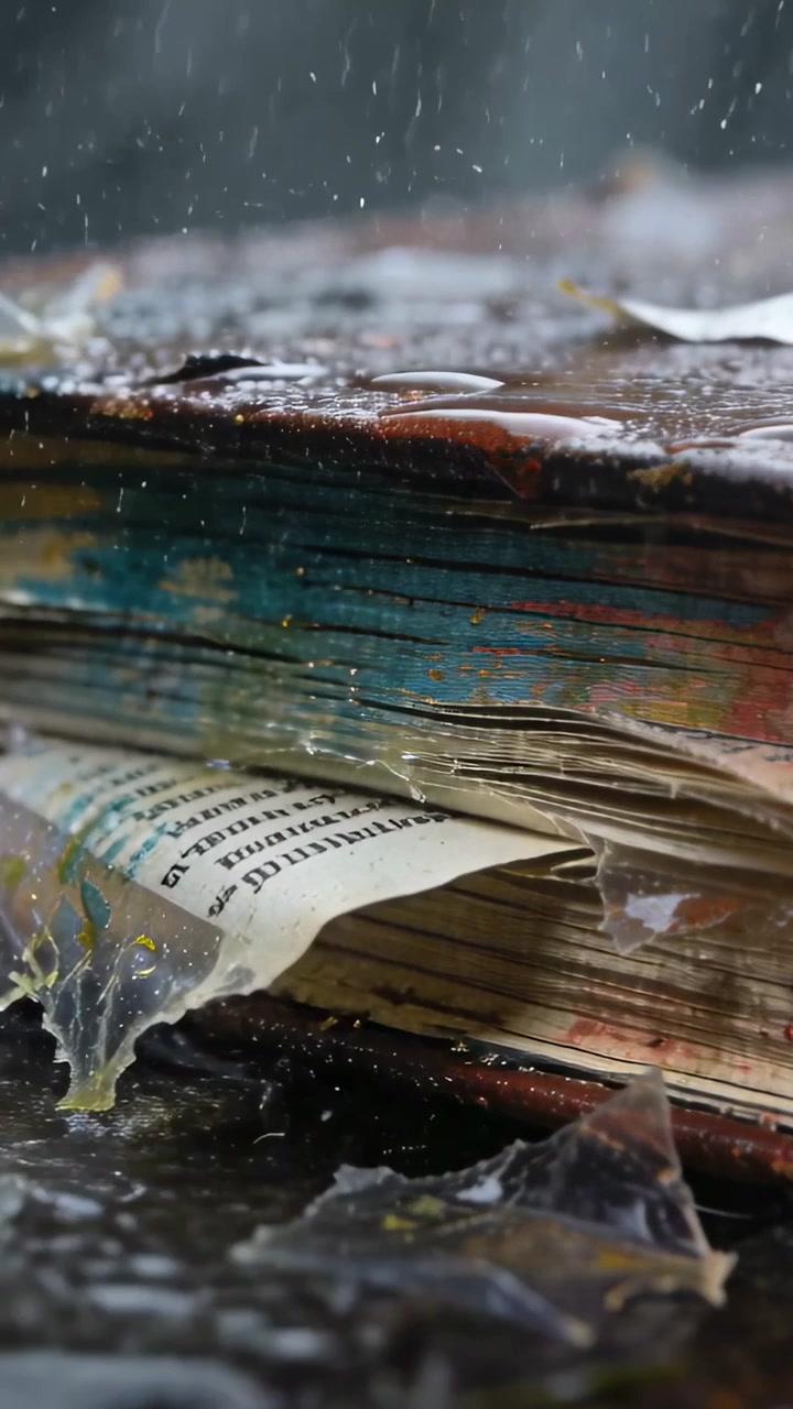 Video verticale: Pioggia che cade inzuppa un libro impilato su una sporgenza di legno bagnata, rivelando pagine strappate.