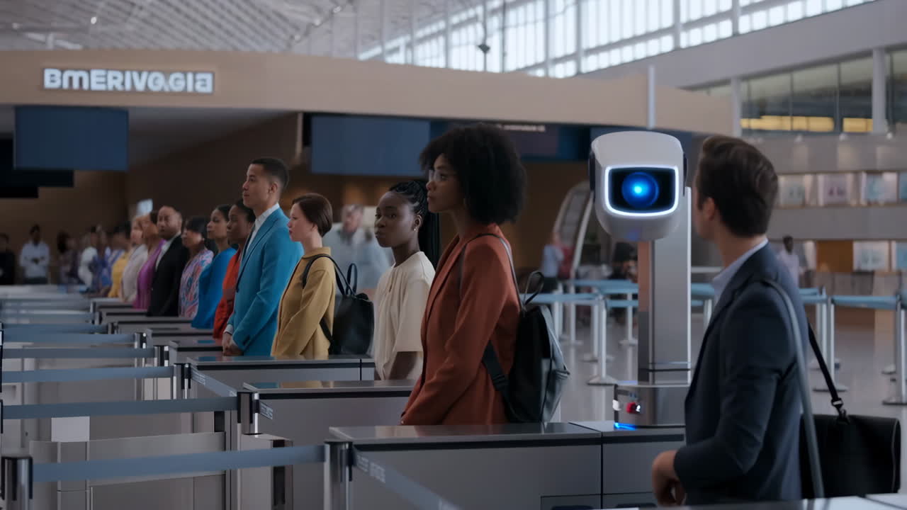 Passengers Utilizing Advanced Robot Security and Biometric Check-in at Airport