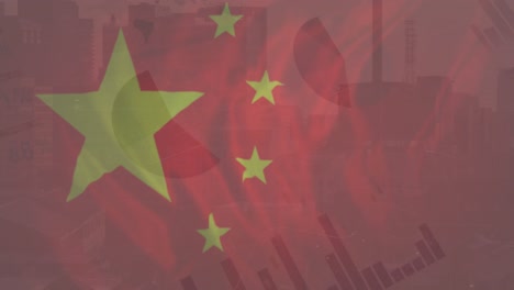 animación de la bandera de china y procesamiento de datos financieros sobre el paisaje urbano