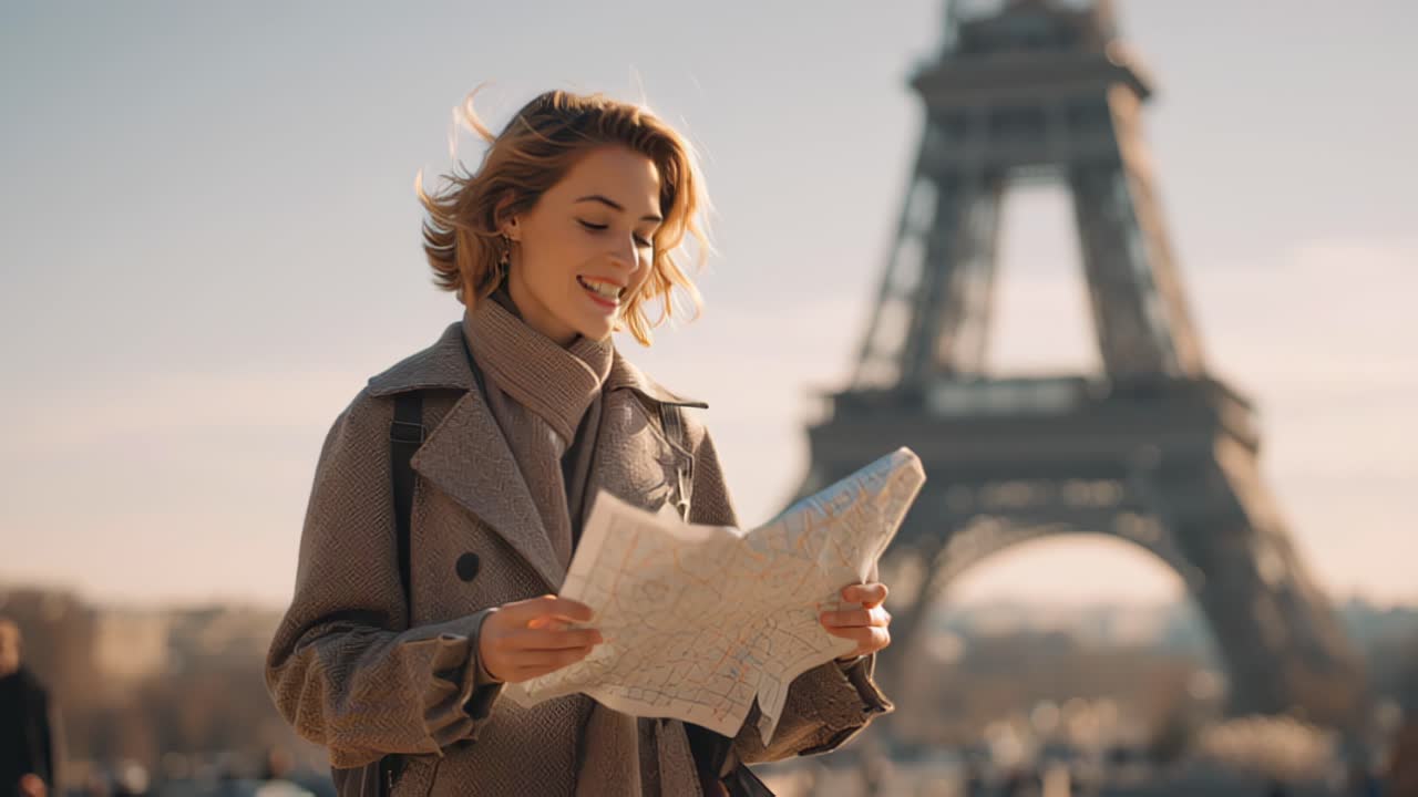 Giovane donna viaggiatrice con zaino che legge una mappa di carta all'aperto con la Torre Eiffel sullo sfondo, Parigi, Île-de-France, Francia, concetto di viaggio in una mattina di sole.