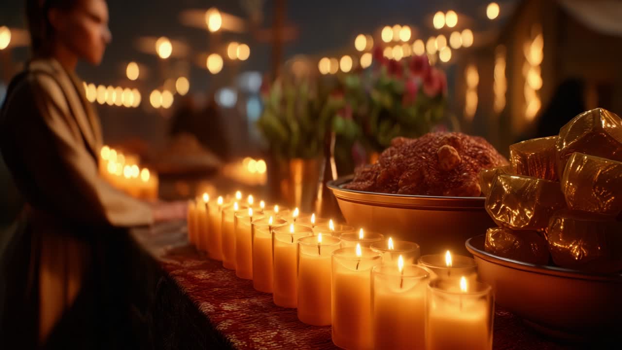 A Serene Evening Gathering Illuminated by Candlelight: An Enchanting Display of Culinary Delights and Floral Arrangements Captivating the Senses in a Warm, Inviting Atmosphere