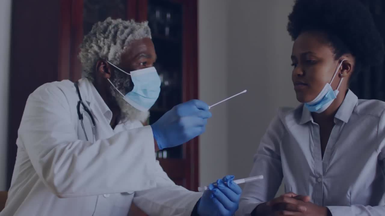 Animation of african american male doctor taking swab of female patient and molecules