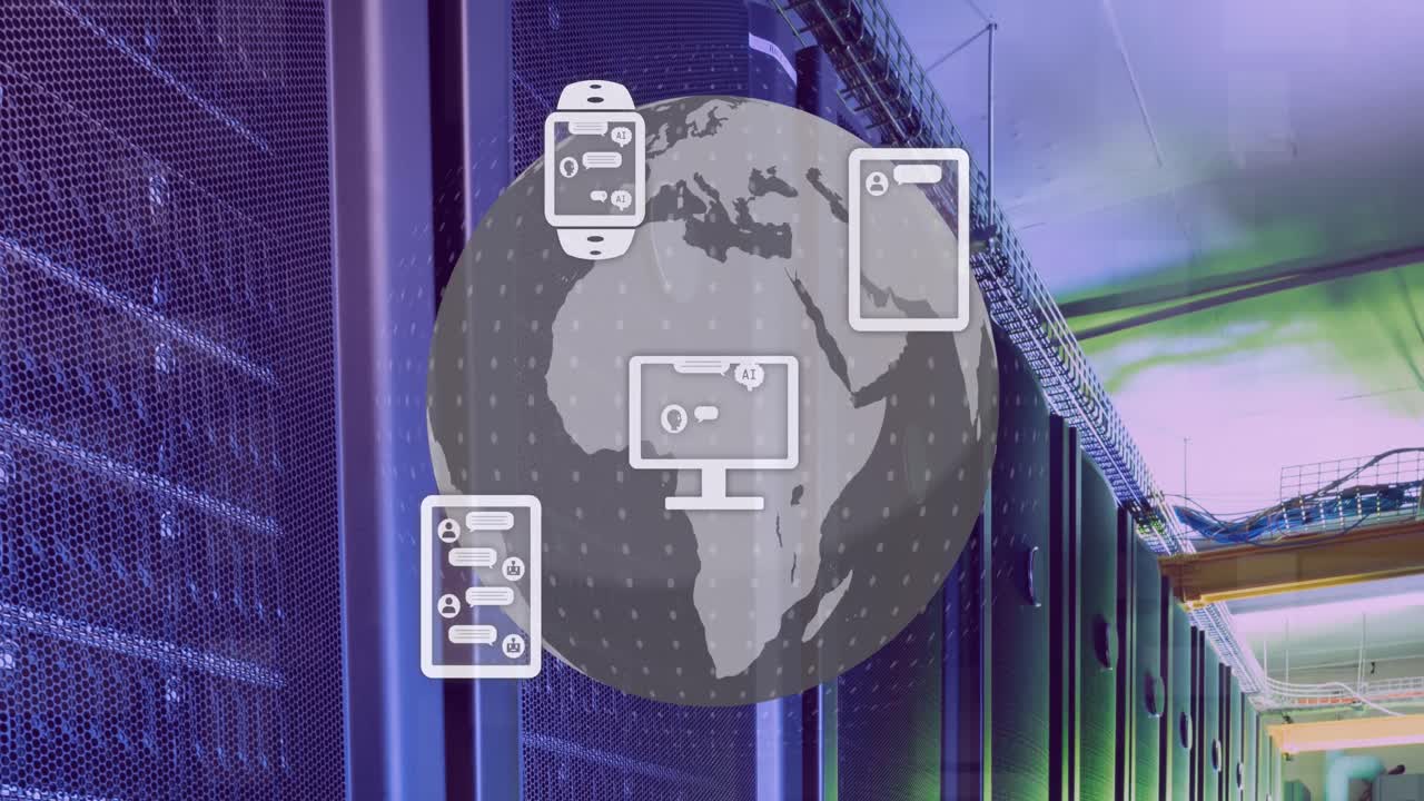 animación de los iconos de comunicación y el globo sobre la sala del servidor de computadora