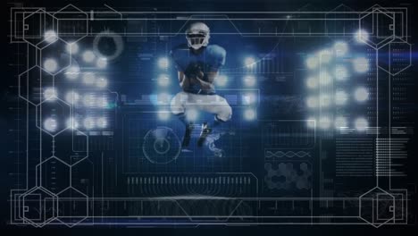 animación del procesamiento de datos digitales sobre un jugador de fútbol americano atrapando la pelota