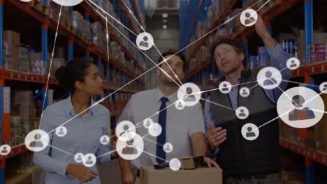 animation of network of connections with icons over three diverse warehouse workers