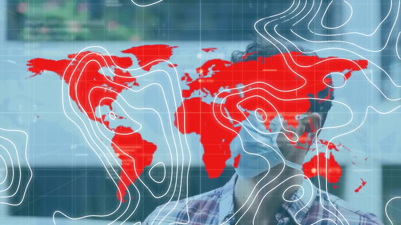 animación del mapa mundial de covid 19 y el hombre con máscara facial