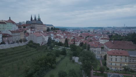 Aerial-Drone-Shot-Prague-Castle-Mala-Strana-Czech-Republic-Cloudy-Sunset