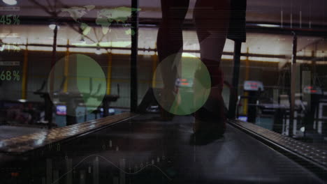 animation of statistical data processing over low section of man running on treadmill at the gym