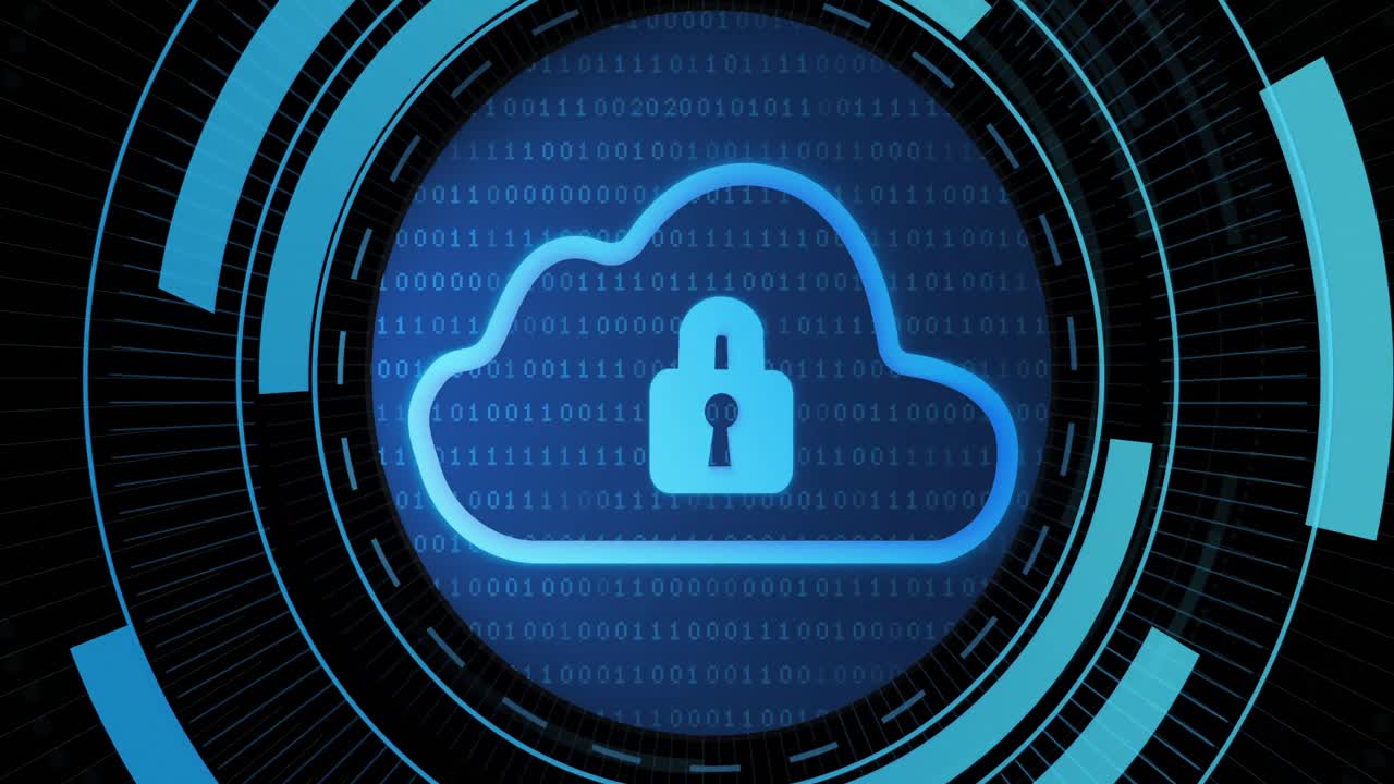 Animation of digital cloud with padlock in processing circle on black background