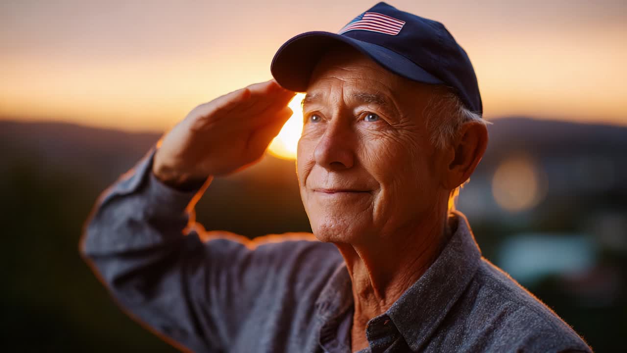 A Thoughtful Elderly Man Salutes Against a Beautiful Sunset, Reflecting Themes of Respect, Honor, and Remembrance in an Emotional Moment of Reflection and Connection with His Past