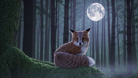 fox in a mystical forest at night with the full moon