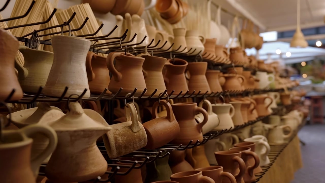 Rows handmade ceramic pottery displayed on metal racks inside indoor market stall, warm diffuse light, dense textures, varied shapes, rustic retail setting, diagonal view