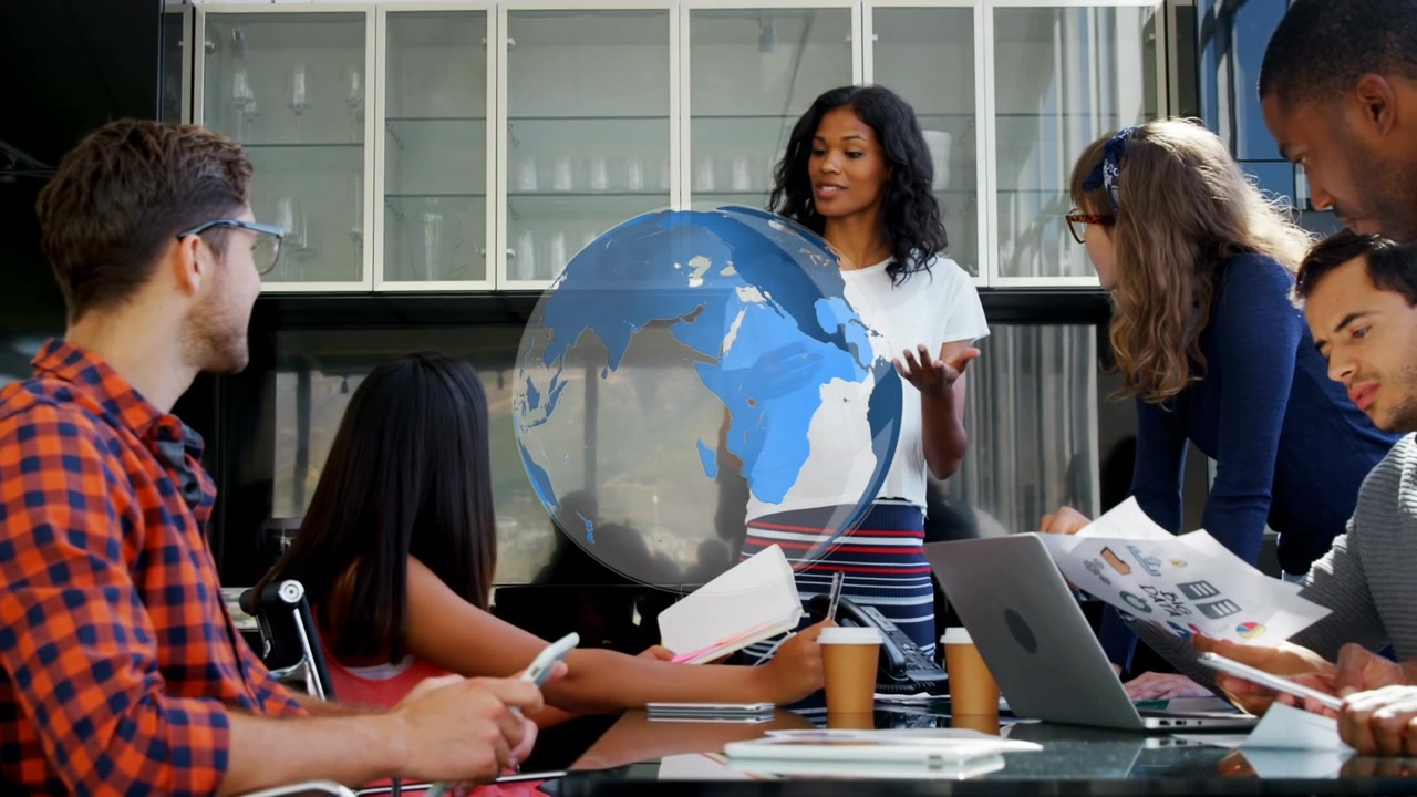 Animation of globe over diverse group of business people at meeting