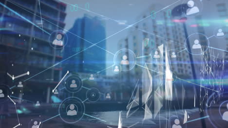 animation of data processing and network of connections over cityscape
